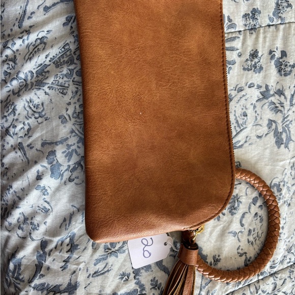 Tan leather Clutch with Braided Handle and Tassel - Picture 3 of 4